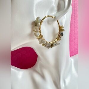 New Natural Labradorite Stone Wire Wrapped Gold Tone Hoop Earrings - 2”